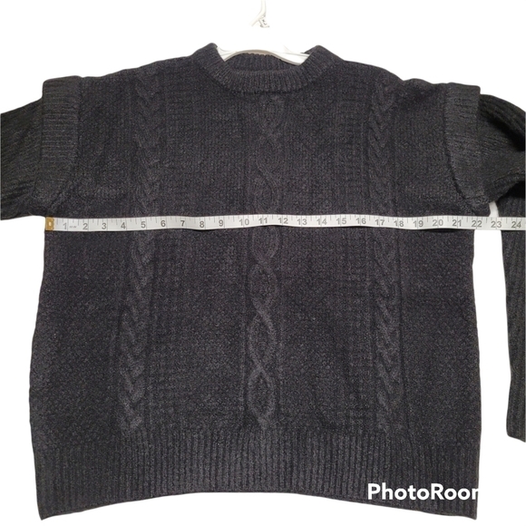 Elan Black Ruffle Drop Shoulder Long Sleeve Cable Knit Sweater Size Medium - Picture 5 of 8